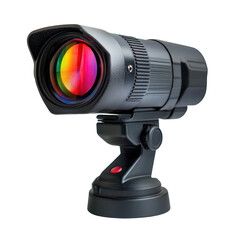 High-quality video camera lens with rainbow reflection in studio setting for creative projects