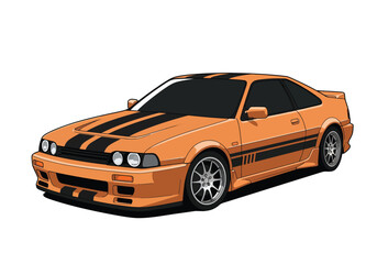 Orange sports car with black stripes isolated on white background showcases a sleek design and powerful stance