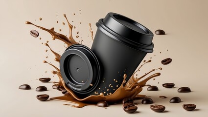 Coffee cup spilling coffee and beans, creating a captivating, dynamic visual.