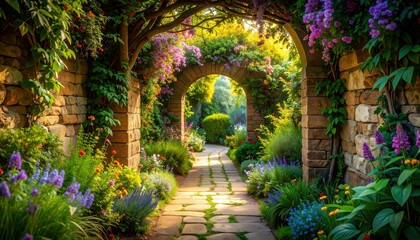Enchanted Pathway Leading to a Secret Garden Behind a Stone Wall