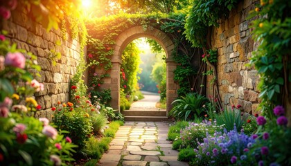Obraz premium Enchanted Pathway to a Secret Garden Behind a Stone Wall