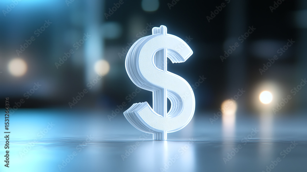 Poster a 3d dollar sign glowing with soft light, symbolizing finance and money management in a modern setti
