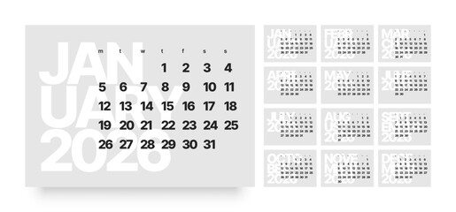 Monthly calendar layout for 2026 year. Minimalistic Diary for 2026 year. Week Starts on Monday. 