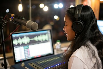 Young woman singing into a microphone at a party while people watch her performance on digital screens and mobile phones
