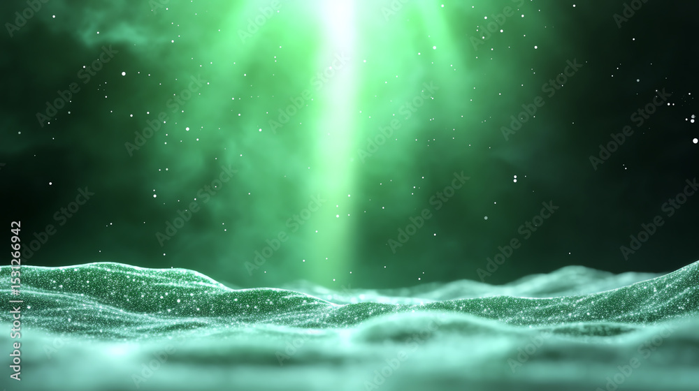 Poster a captivating green light illuminating an ethereal landscape, creating a surreal and otherworldly at