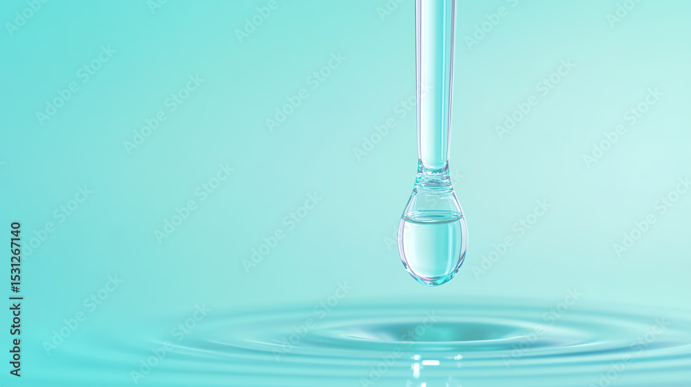 Poster a close-up image of a water droplet falling, creating ripples in a calm turquoise surface, symbolizi