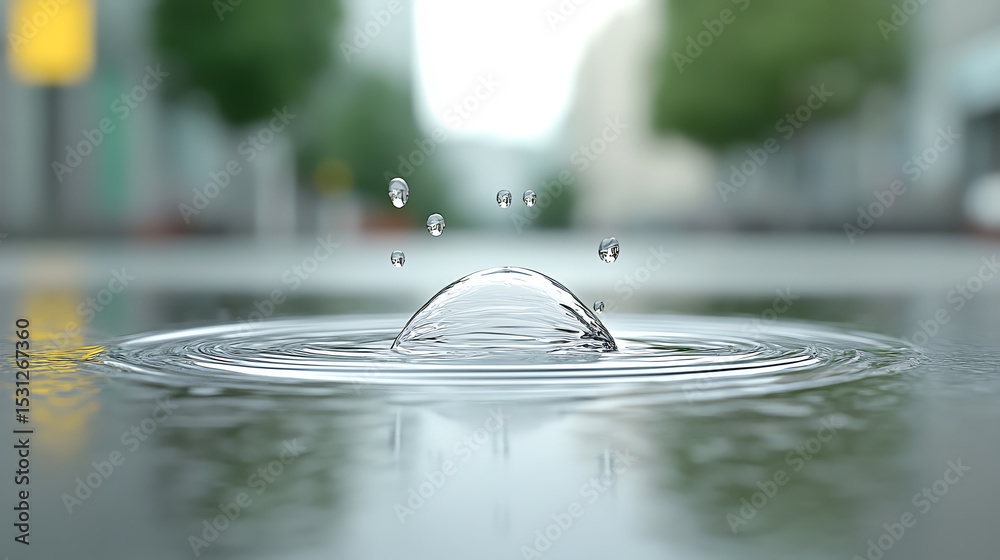 Poster a close-up of a water droplet creating ripples in a shallow puddle, reflecting natural surroundings 