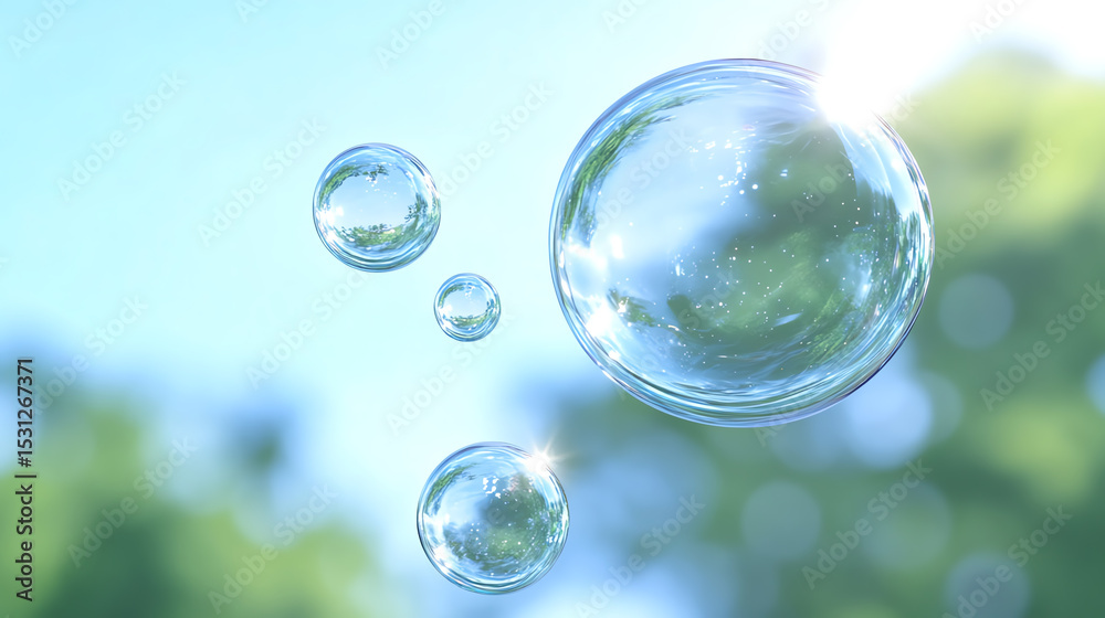 Poster a close-up of bubbles floating in the air, capturing the beauty of nature and light in a serene outd