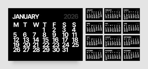 Monthly calendar layout for 2026 year. Minimalistic Diary for 2026 year in dark color. Week Starts on Monday. 
