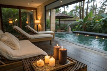 Luxury indoor spa and wellness room interior with nobody, perfect for relaxation and design decoration.
