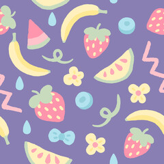 Seamless kawaii fruit pattern with strawberries, bananas, watermelon slices, blueberries, and decorative elements. Hand-drawn pastel design on a dark purple background. 