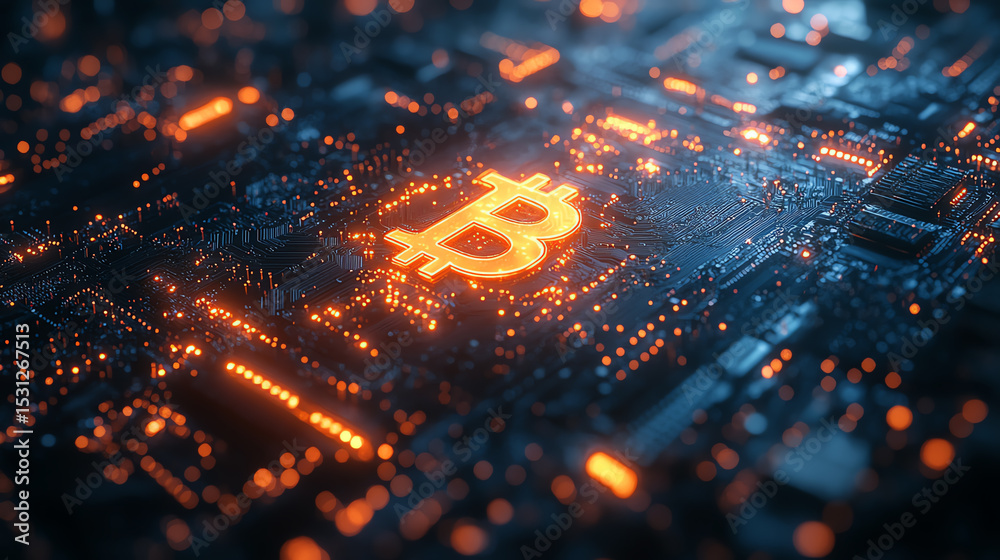 Poster A close-up view of a glowing Bitcoin symbol on a digital circuit board, symbolizing cryptocurrency and blockchain innovation.