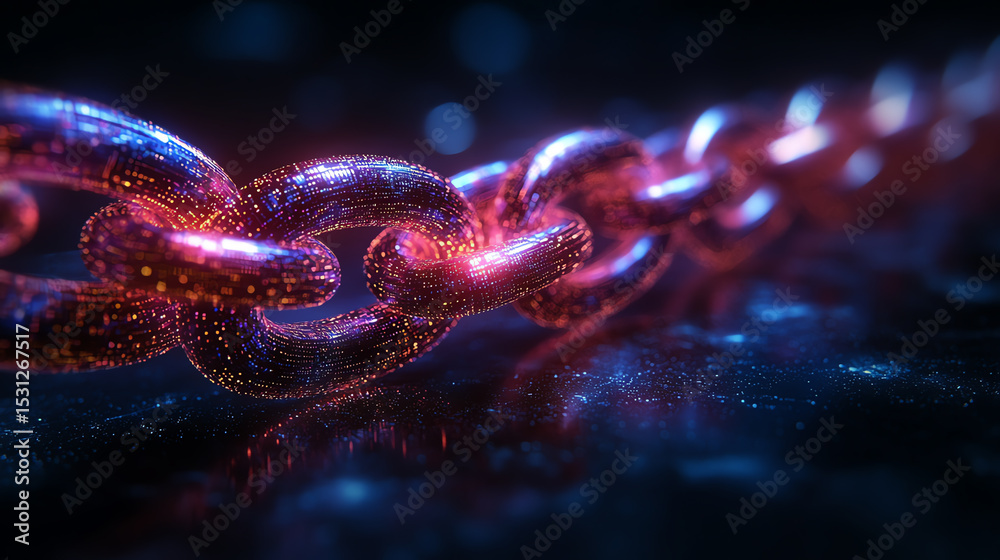 Poster a close-up view of a glowing futuristic chain, symbolizing connection and strength in a digital worl