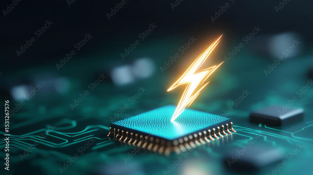 Poster A close-up view of a microchip emitting a lightning bolt, showcasing innovation and the power of modern technology.