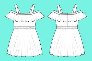 Baby girls strap belt party Dress technical drawing fashion flat sketch vector illustration template front and back views outline CAD mockup.