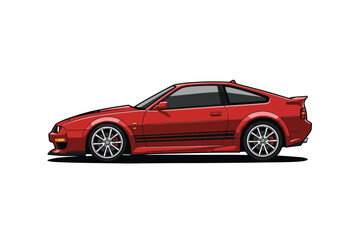 Red sports car with black stripes isolated on white background showcases a sleek design and aerodynamic features for high performance driving