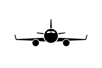 Front view of a black airplane on white background