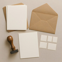 Blank greeting cards, craft envelope, wooden stamp and postage stamps are creating a wedding stationery mockup scene on a beige background