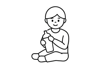Arabian boy sitting while enjoying a bottle of fresh milk to fulfill his body nutrition. Child health and growth. Modern continuous line draw design graphic vector illustration