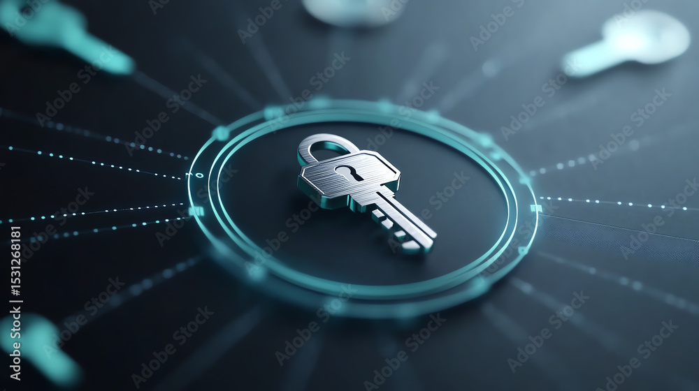 Poster A digital key symbolizing security and encryption, surrounded by a network of connections representing cybersecurity.