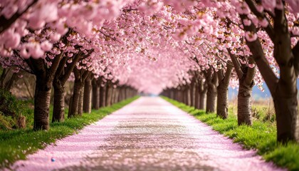 Serene Pathway Lined with Blooming Pink Cherry Blossoms in Spring