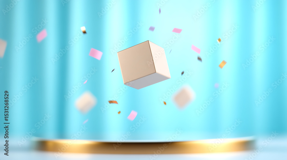 Poster A floating cube with colorful confetti against a soft blue background, creating a vibrant and playful visual presentation.