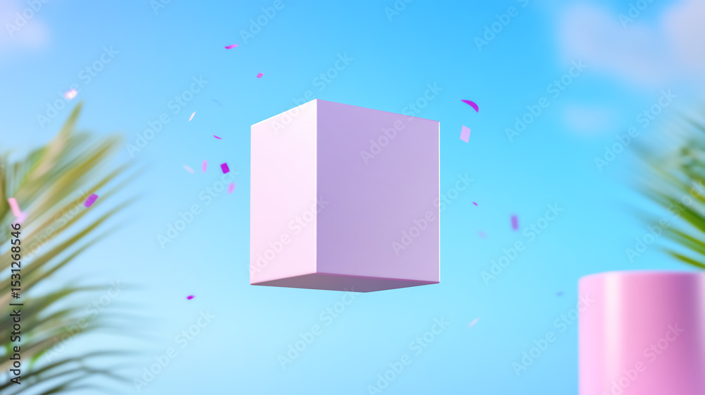 Poster A floating pink cube against a vibrant blue sky, surrounded by palm leaves, creating a modern and playful atmosphere.