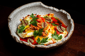 Vibrant dish features poached eggs in a rich sauce, topped with fresh herbs and spices