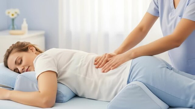 Woman receiving back massage from masseuse using pillows for comfort. Relaxation and therapeutic bodywork.