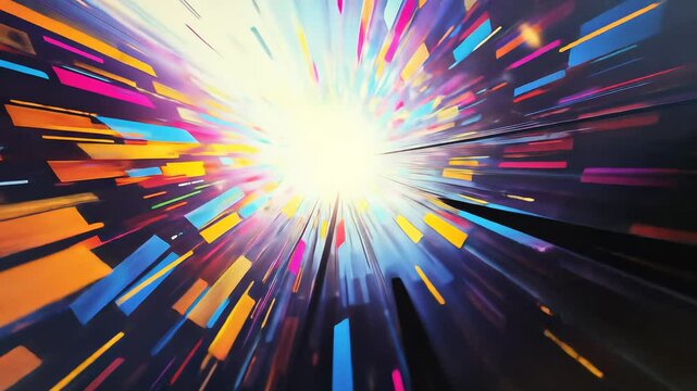 Colorful rectangles streak toward a bright center in an abstract, dynamic design