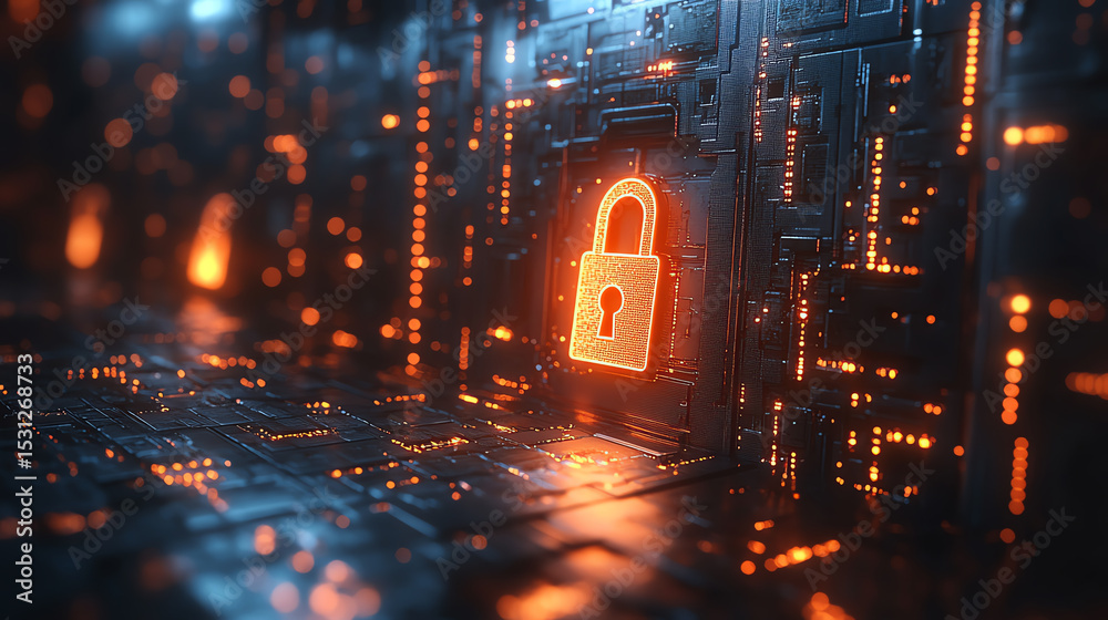 Poster A futuristic digital lock on a cybernetic background representing security and protection in the digital age.