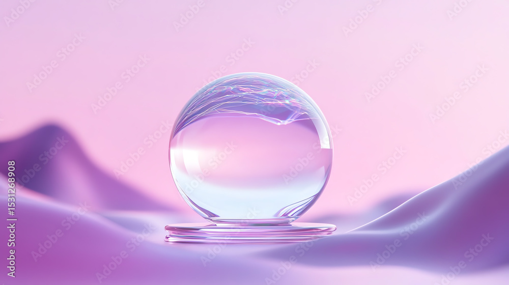 Poster a glass orb rests on soft, pastel waves, reflecting light and creating a serene atmosphere perfect f