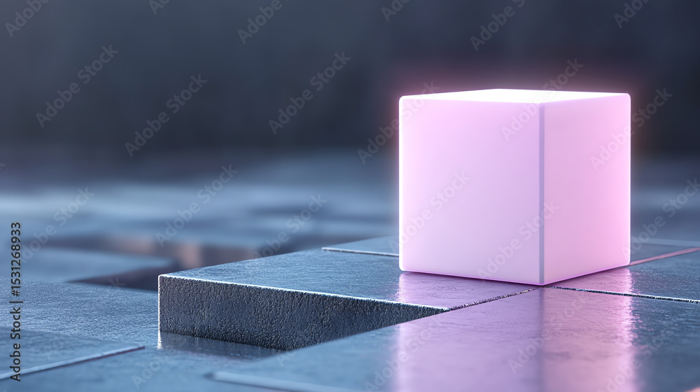 Poster A glowing cube placed on a textured surface, representing innovation and modern design in a digital environment.