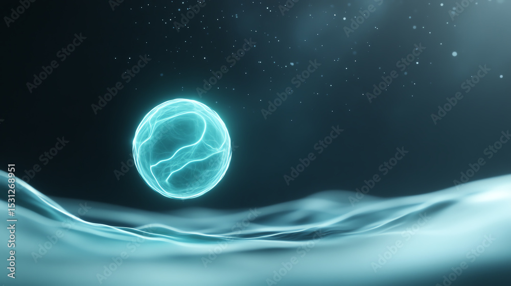 Poster a glowing blue sphere floats above a calm, abstract background, symbolizing technology and the essen