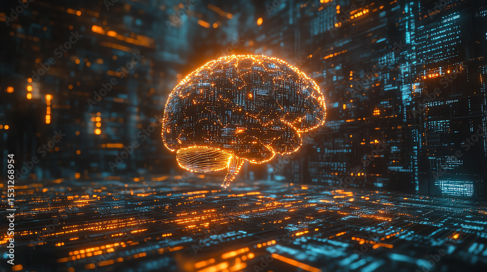 Poster a glowing digital brain represents artificial intelligence and innovation in a futuristic cyber spac