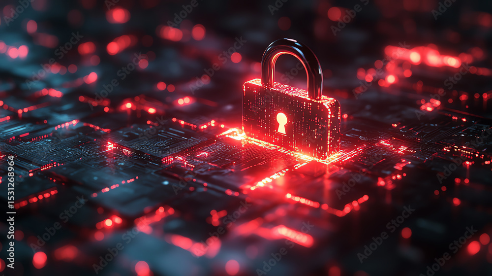 Poster A glowing digital padlock symbolizes cybersecurity and data protection in a futuristic, tech-driven landscape.