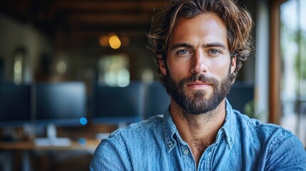 Obraz premium Confident man in casual denim shirt, focused gaze