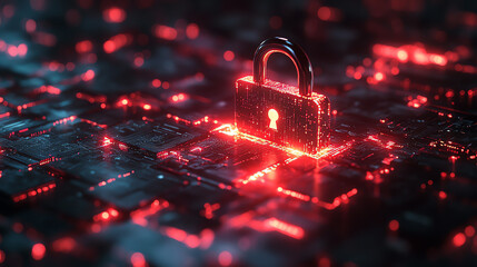 A glowing digital padlock symbolizes cybersecurity and data protection in a futuristic, tech-driven landscape.
