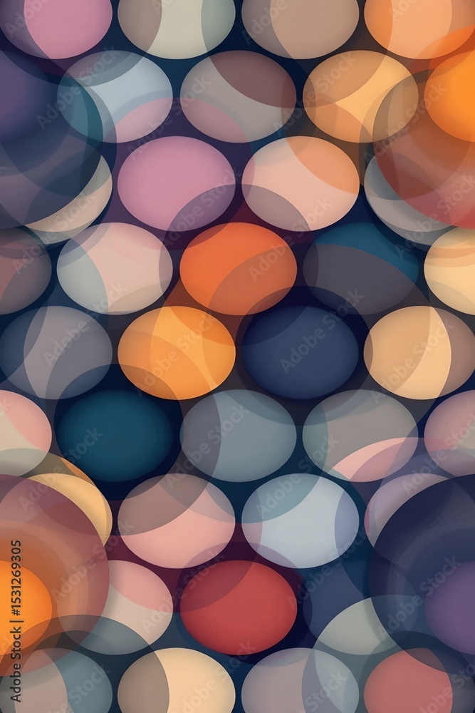 Poster geometric pattern of overlapping circles with subtle color gradients, minimal style.