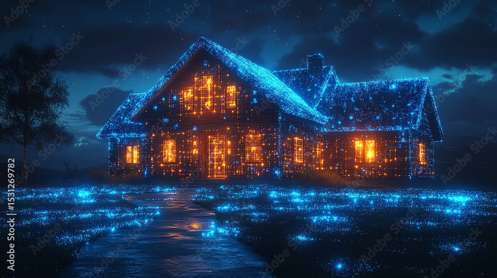 Poster A mesmerizing house illuminated by glowing lights, creating an enchanting atmosphere during a serene night.
