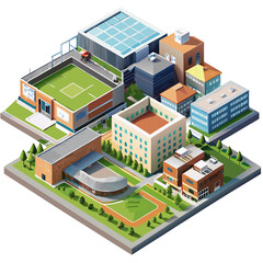 Obraz premium vector of a modern high school with sports field, multiple buildings, and pathways in isometric perspective, white background 