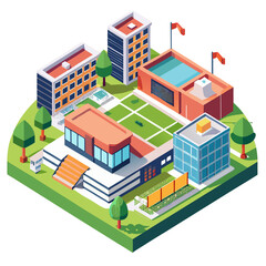 vector of a modern high school with sports field, multiple buildings, and pathways in isometric perspective, white background
