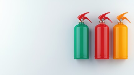 Obraz premium Colorful fire extinguishers in red, green, and yellow arranged on a clean surface for safety and emergency preparedness