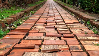 Fototapeta premium Fragmented Pathway of Ancient Pottery with Intricate Designs
