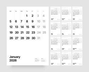 Monthly calendar layout for 2026 year. Vertical diary planner for 2026 year. Week Starts on Monday. 