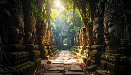 Obraz premium Pathway of Stone Faces in a Forgotten Ancient Temple