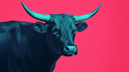 Naklejka premium Vibrant close-up of a black bull against a bright pink background