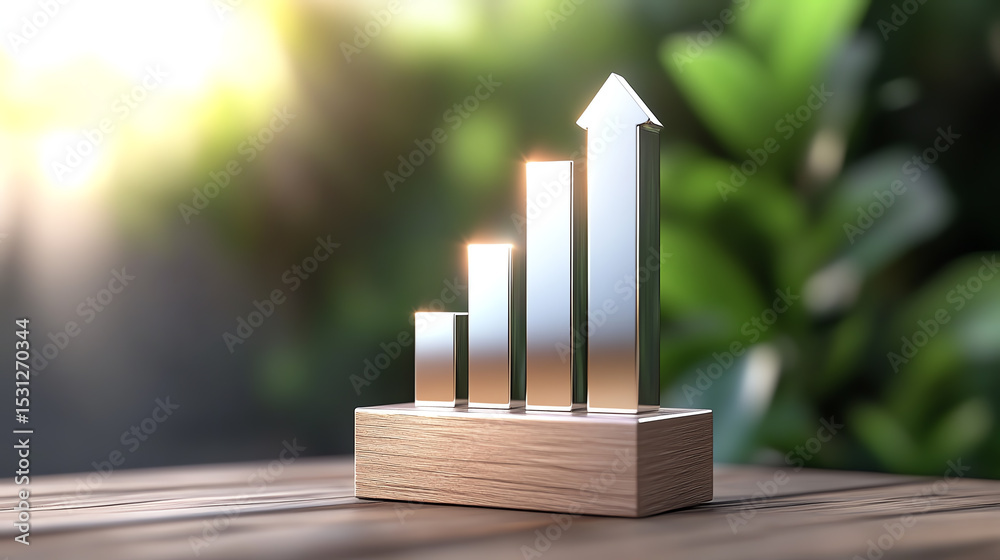 Poster a modern graph showcasing growth with metallic bars on a wooden surface, symbolizing progress and su