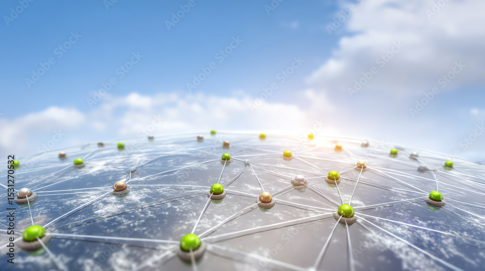 Poster A network of interconnected nodes representing a digital ecosystem under a clear blue sky symbolizing innovation and connectivity.