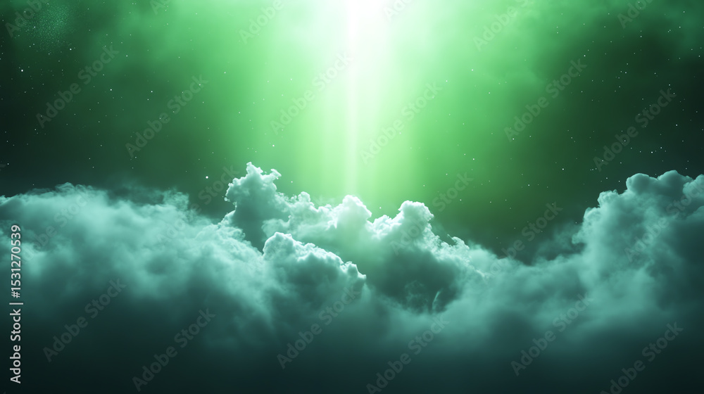 Poster a mystical green light pierces through clouds, creating an ethereal atmosphere and evoking a sense o